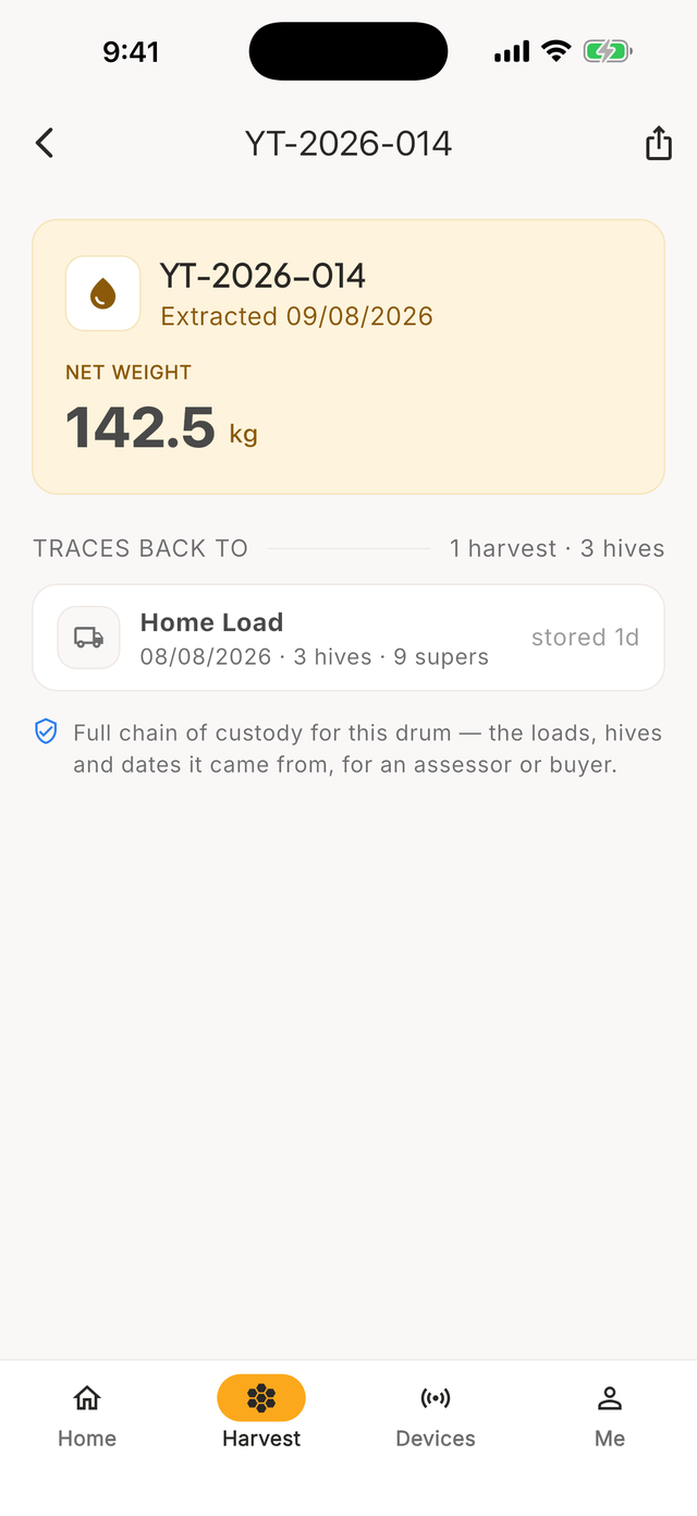 Honey batch detail with traceability export